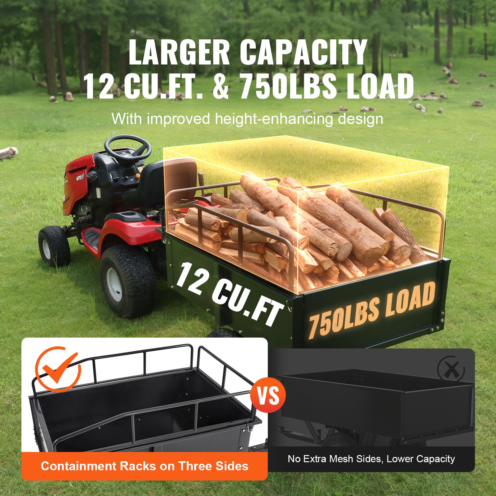 VEVOR Dump Trailer Tow Behind Dump Cart 750 lbs 12 Cu. Ft. Steel Construction