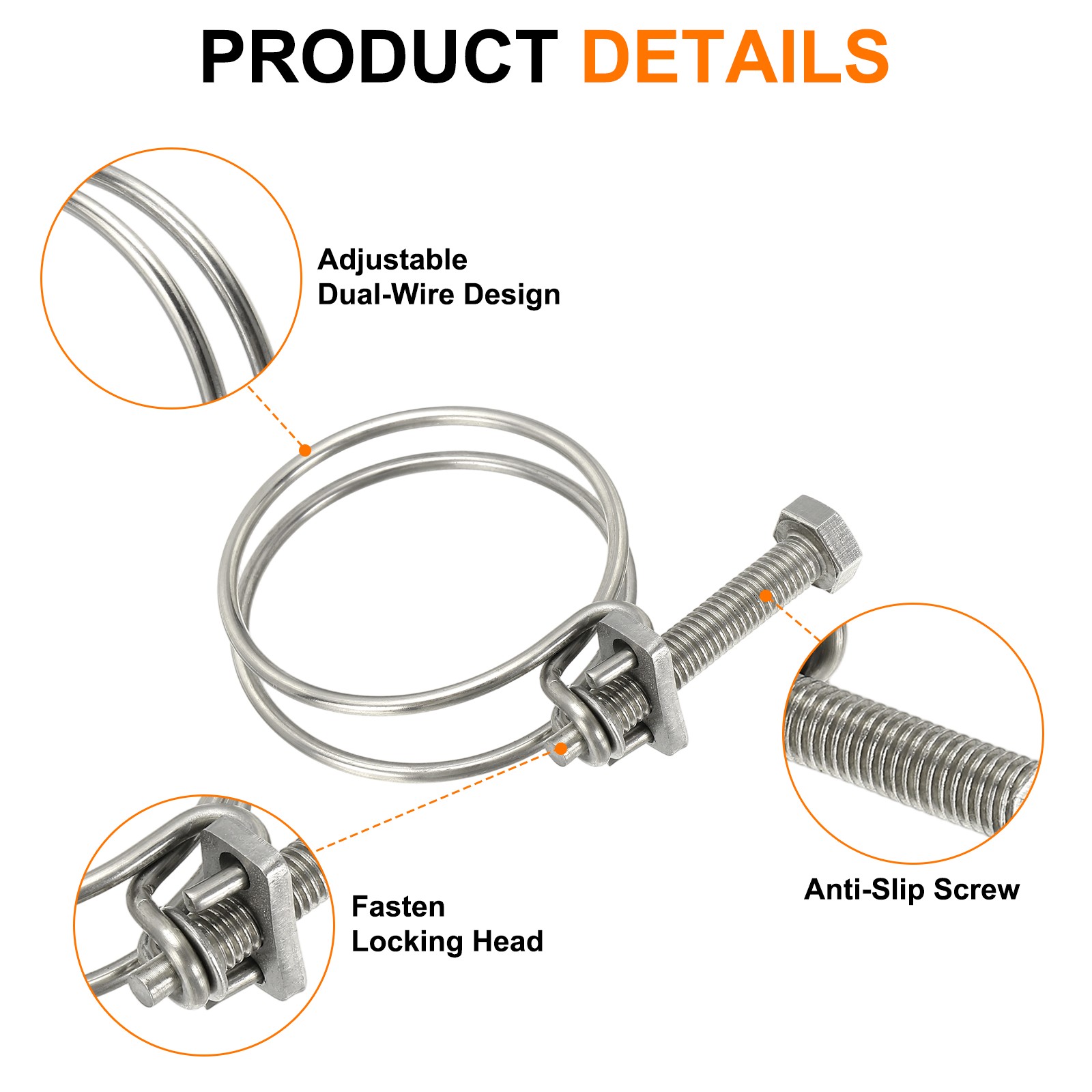 4Set 48-55 mm Stainless Steel Double Wire Hose Clips with M8 Screw