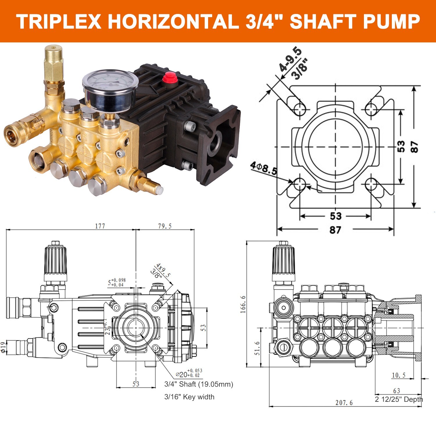 For Mi-T-M 3-0414 Pressure Washer Pump Triplex 3.5GPM@3000PSI 3400RPM 3/4″ Shaft