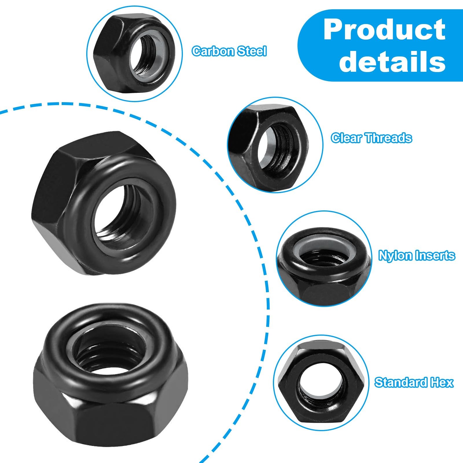 100 Pcs M6 x 1.0 mm Nylon Insert Hex Lock Nuts Black Zinc-Plated Self-Locking F