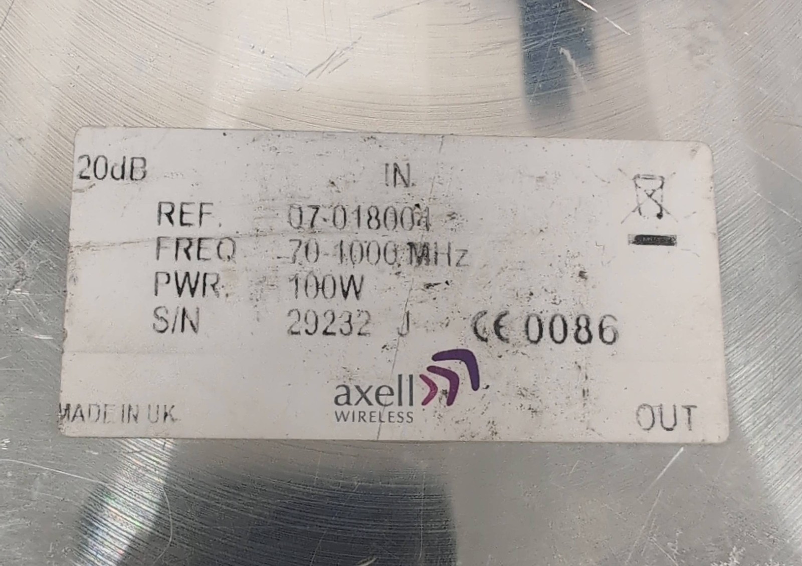 Axell Wireless 07-018004 RF Directional Coupler -20dB 70-1000MHz N Type 100W