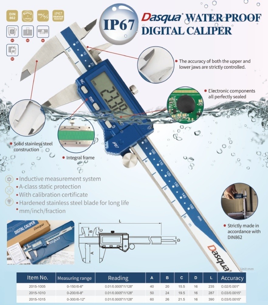 DASQUA 0-300MM/0-12″ LARGE SCREEN IP67 DIGITAL CALIPER (2015-1015)