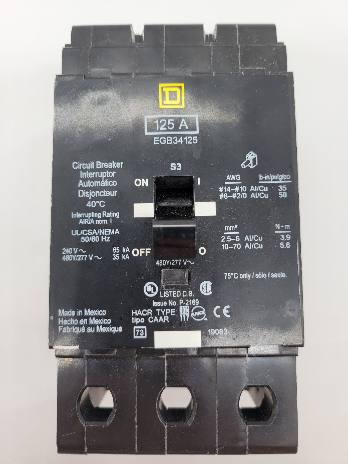 Square D EGB34125 Bolt-On Circuit Breaker 125A 3P 480Y/277V 35KA EGB Series 3