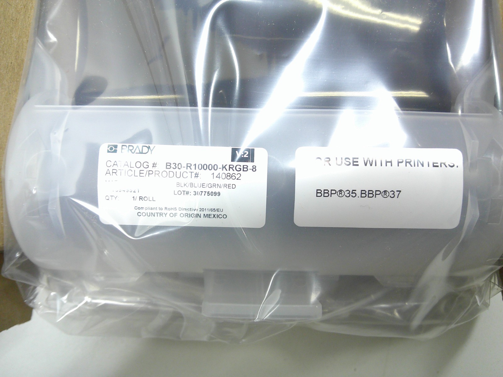 Brady B30-R10000-KRGB-8 Black/Blue/Green/Red Printer Ribbon Roll