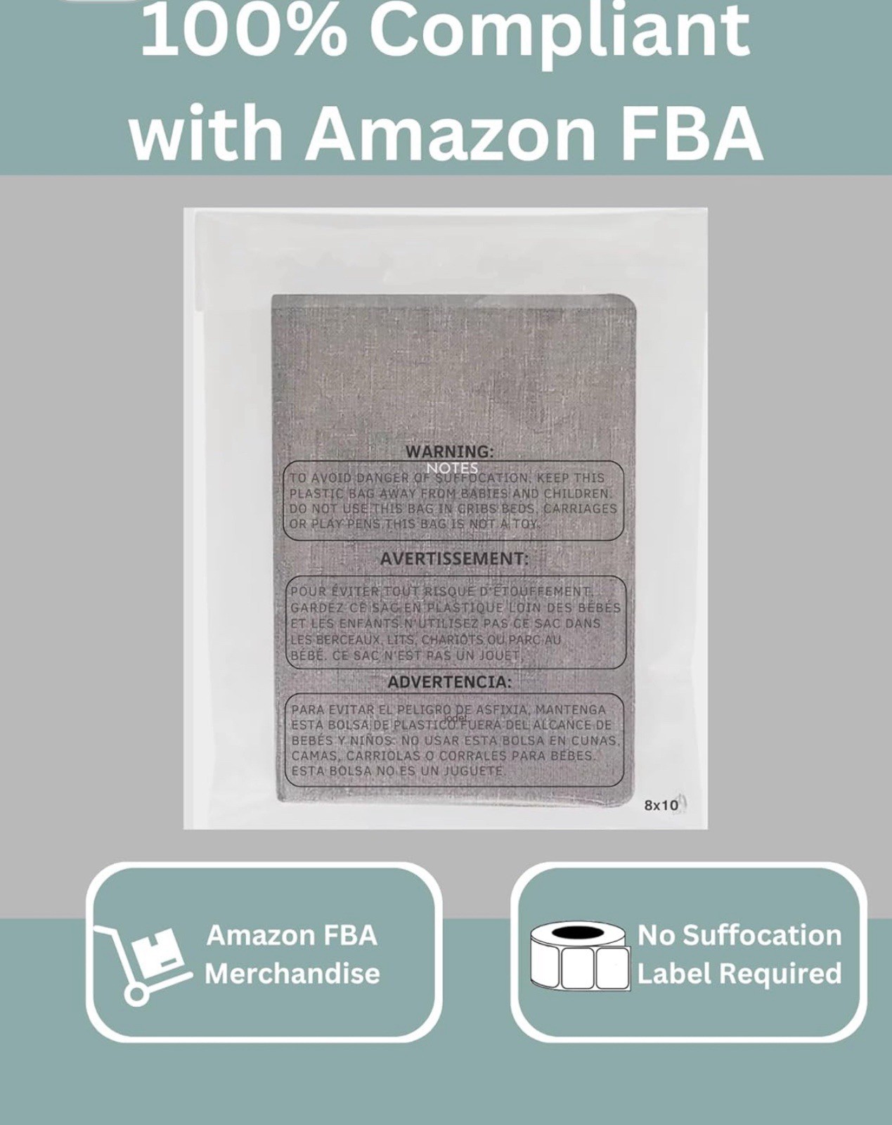 8×10 Inches (200 Counts) Self Seal Clear Poly Bags With Suffocation Warnings.