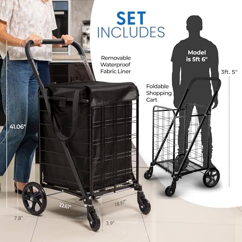SereneLife Portable Folding Utility Cart with 360° Swivel Wheels (Black)