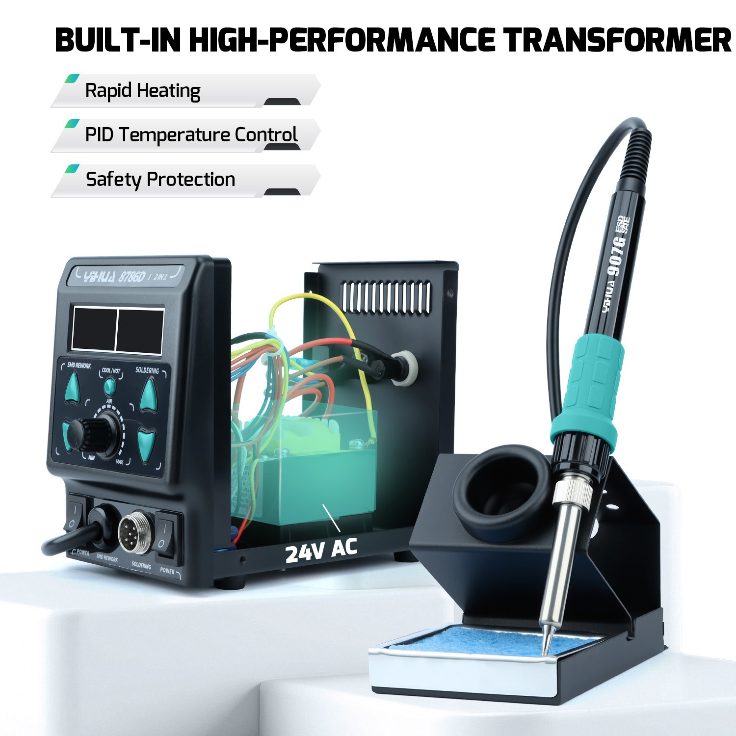 YIHUA 8786D-I Digital Hot Air Rework Station with Soldering Station Complete Kit