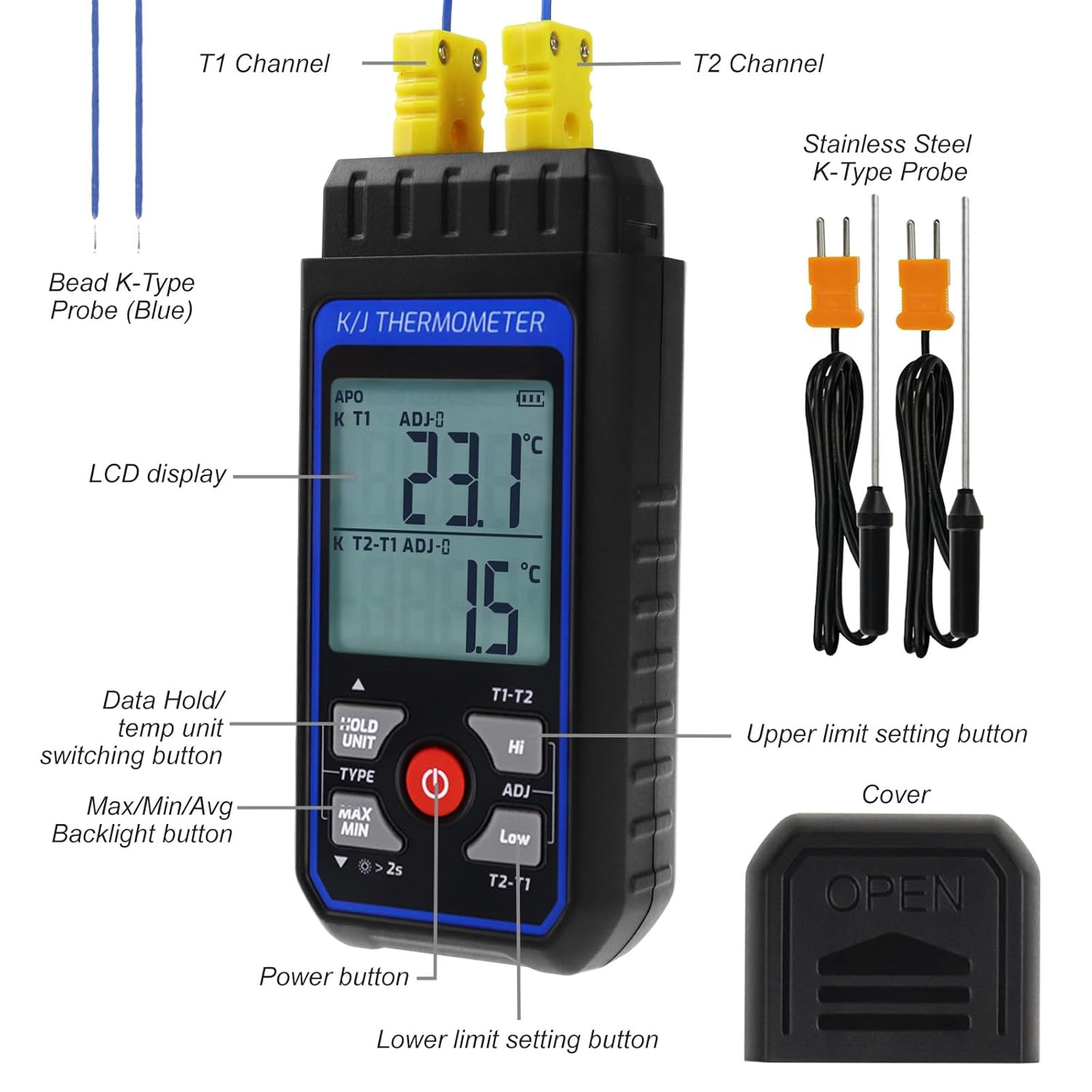 Dual-Channel K/J Thermocouple Thermometer with 4 K-Type Thermocouples -328°F ~ 2