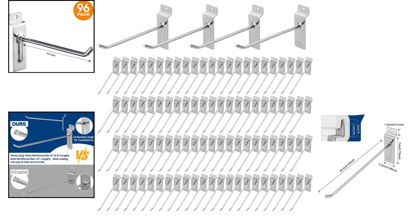 Polmart 10 Inch Heavy Duty Slatwall Panel Hooks Silver 96 Pack