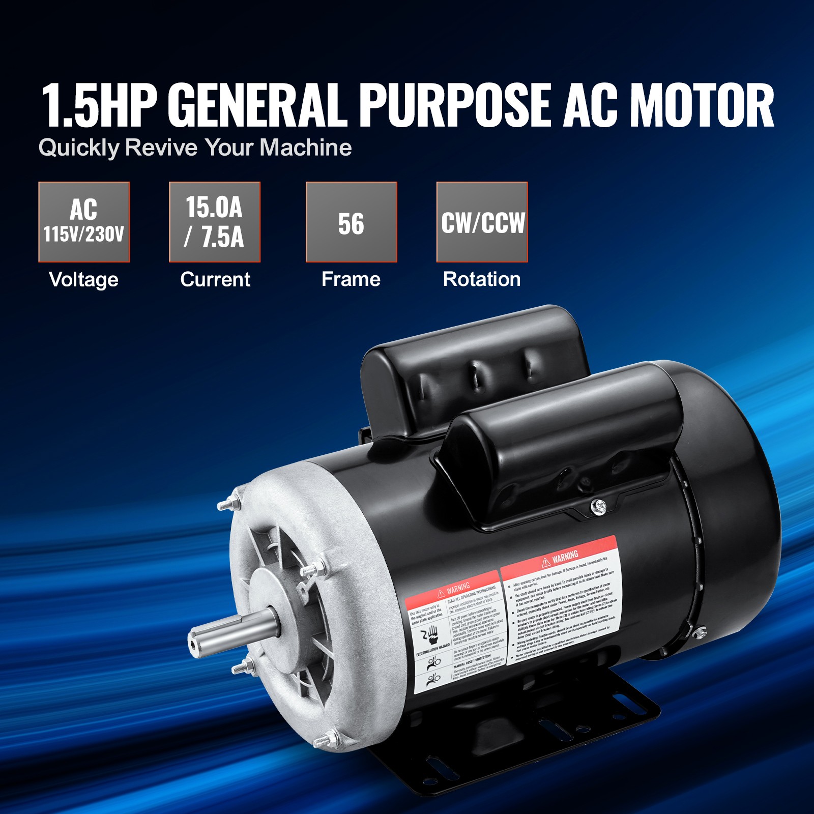 Uimoso 1.5HP Electric Motor 3450RPM AC115V/230V 56 Frame 1-Phase 5/8″ Shaft