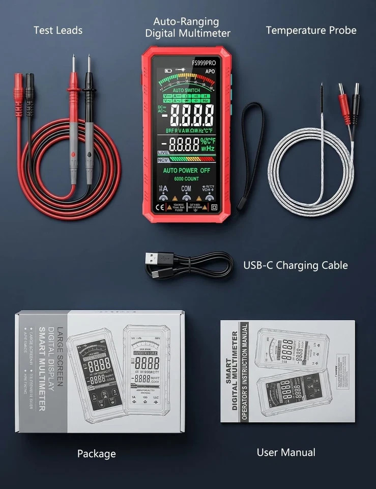 Digital Multimeter Tester Auto-Ranging TRMS 6000 Counts Voltmeter Smart Recharge