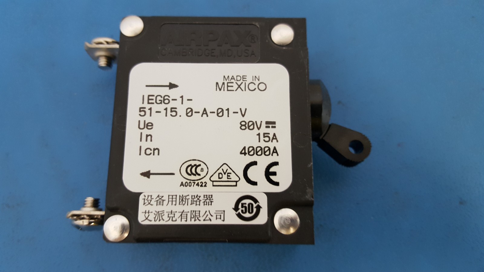 CIRCUIT BREAKER, 1 POLE 80VDC, 15A, AIRPAX IEG6-1-51-15.0-A-01-V