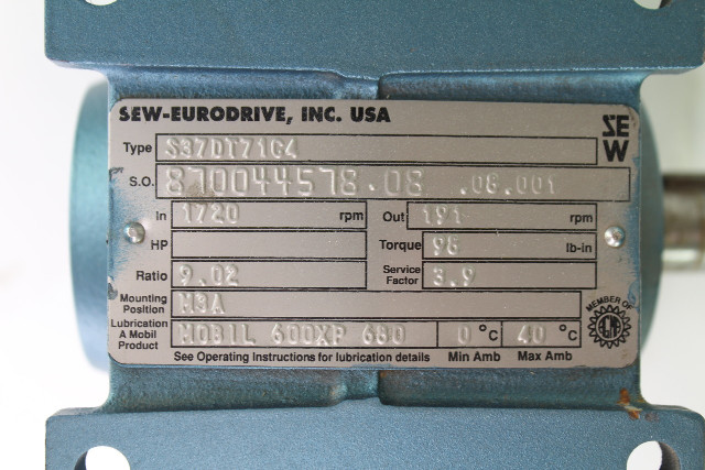 Sew Eurodrive DFT71C4 Gearmotor, .33 HP, 230/400V, 1380RPM, 1.4/.80 Amp w/ S37DT