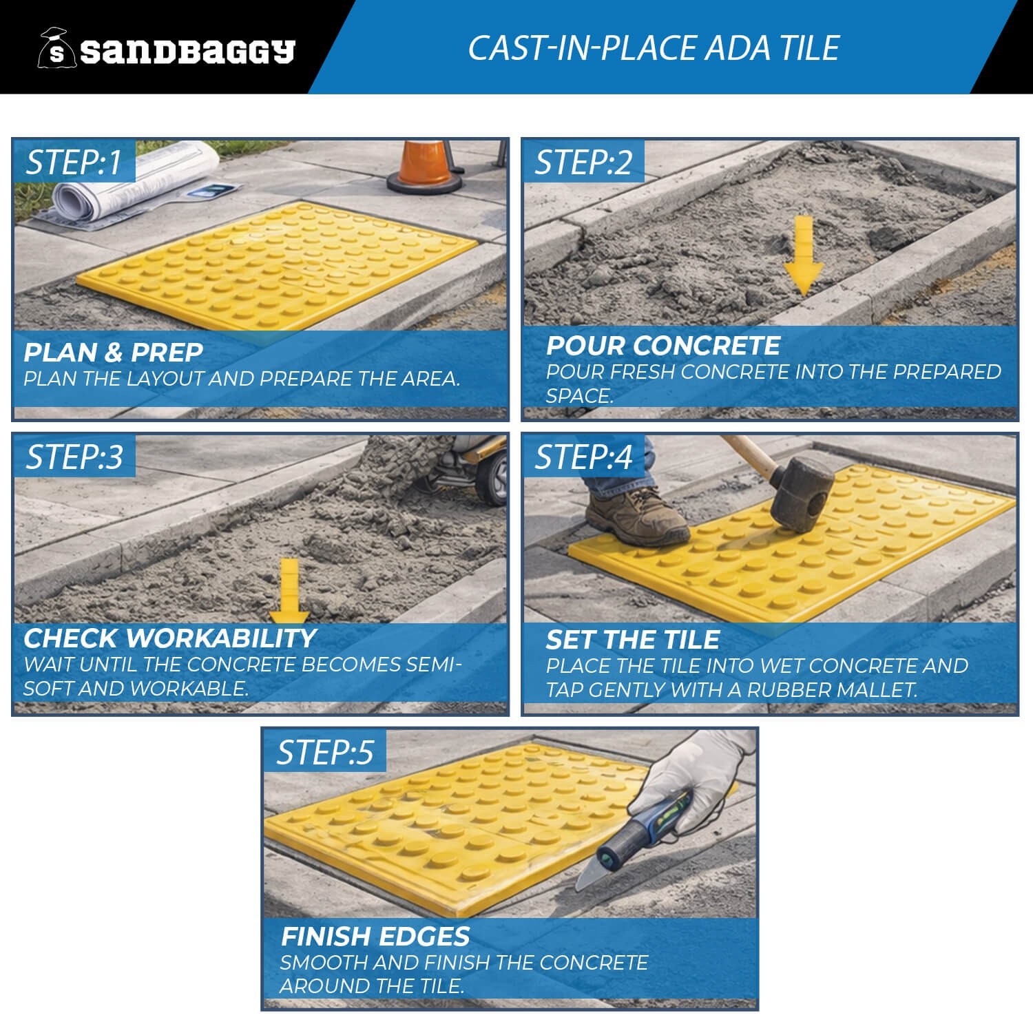 Cast-in-Place ADA Tile Set (24″ x 48″) – Truncated Domes – Sandbagggy