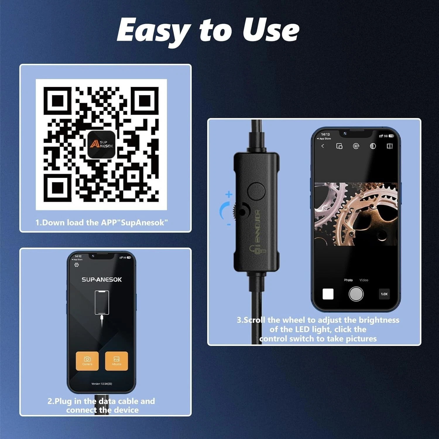 1920P 5M Endoscope Camera with Light,HD Borescope Camera for iOS Android, 8 LEDs