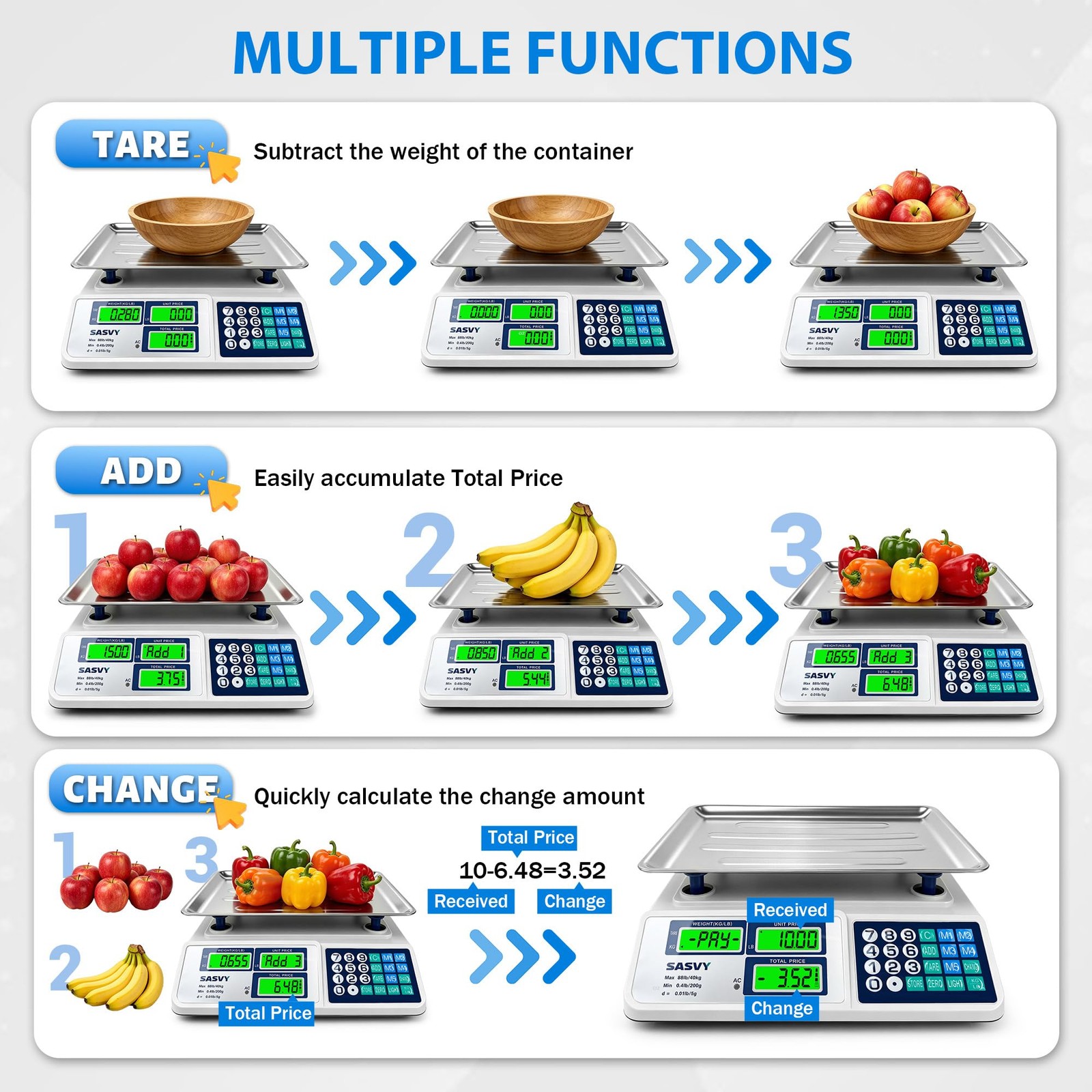 SASVY Price Computing Scale 88lb/40kg Commercial Food Scale with Change Funct…