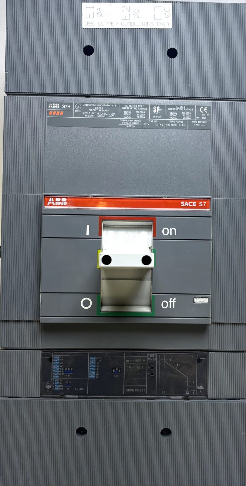 SACE S7H1000BK0AS8 3P 1000A 600V Breaker w/Shunt, Aux, Trip Unit