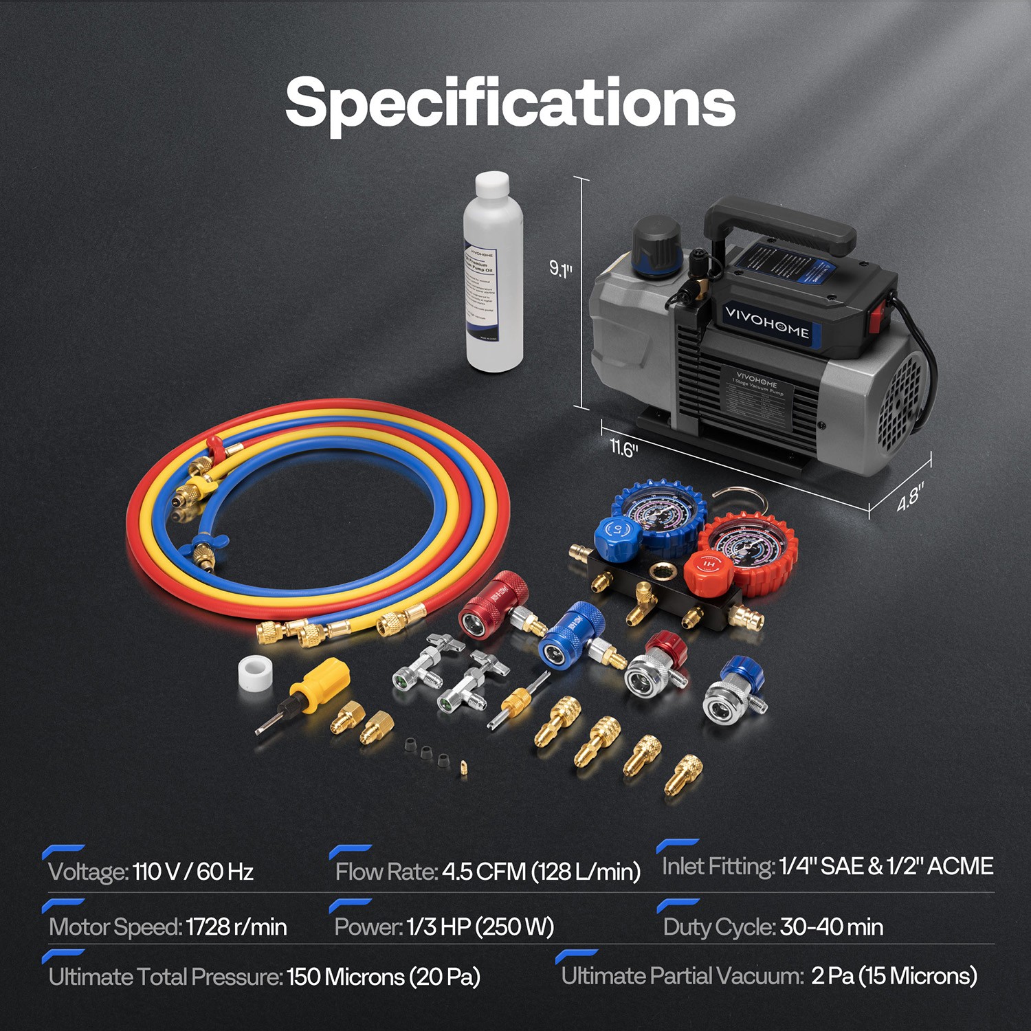 A2L AC Vacuum Pump Kit 4.5CFM HVAC Manifold Gauge Set 1/3 HP R454B R32 R1234yf