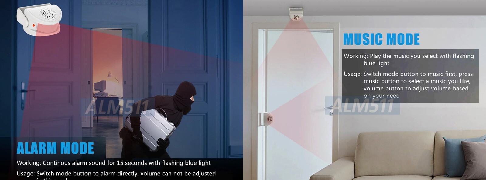 Stand Alone 2-In-1 Motion Detector Alarm Door Chime With 90dB Siren Chime Sound
