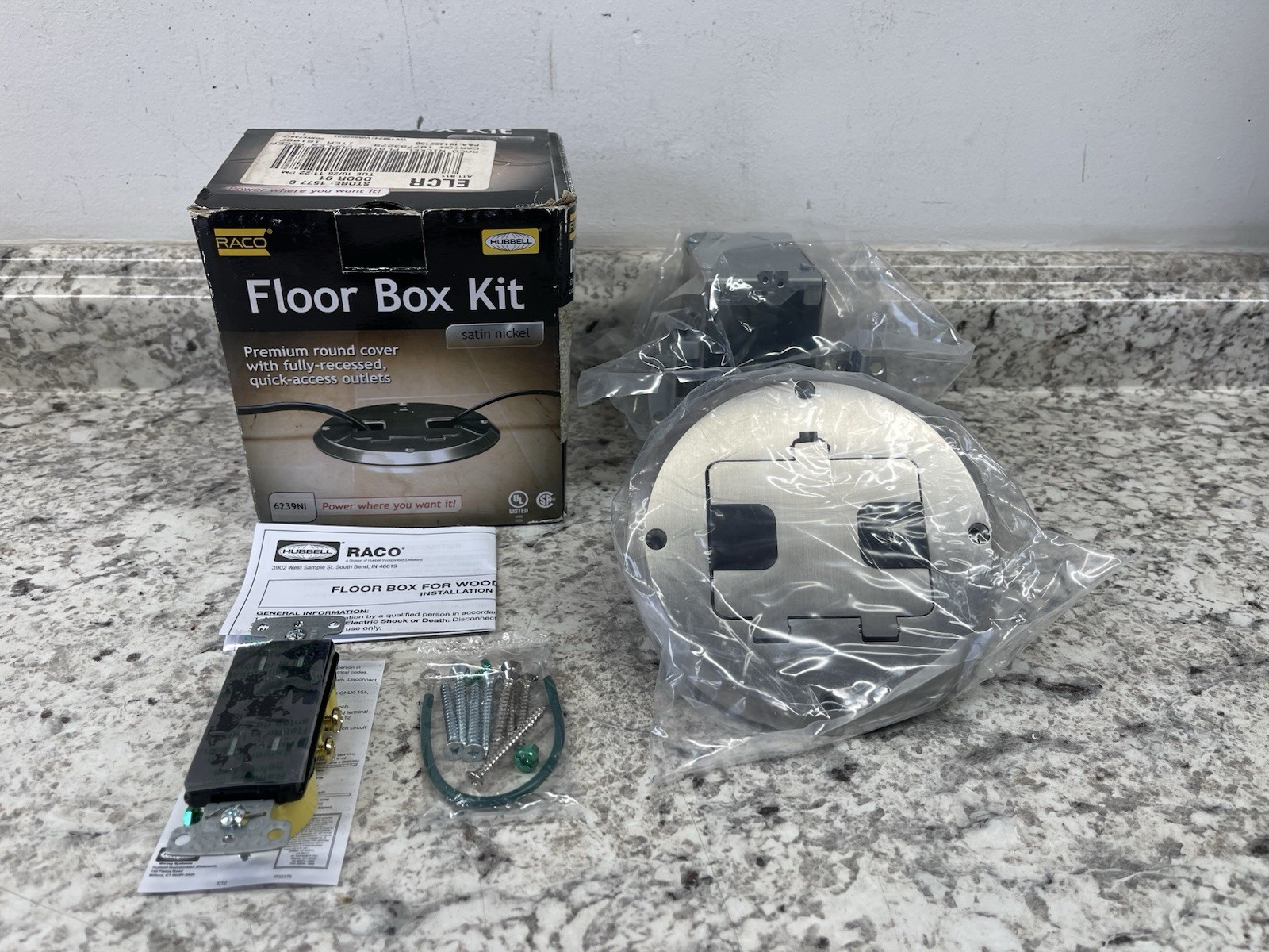 ✨Raco 6239NI Single Gang Floor Box Recessed Duplex 15A TR Device Satin Nickel