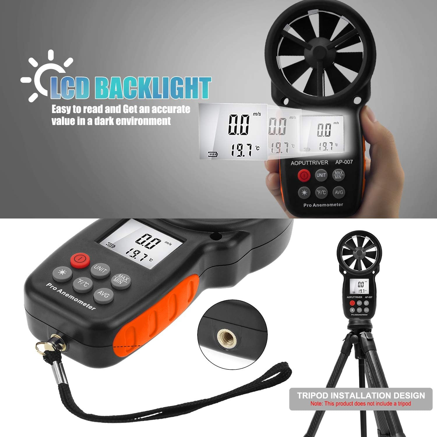 8-Vane Handheld Anemometer Wind Speed Meter,Tripod Mount, Wind Chill,LCD Backlit