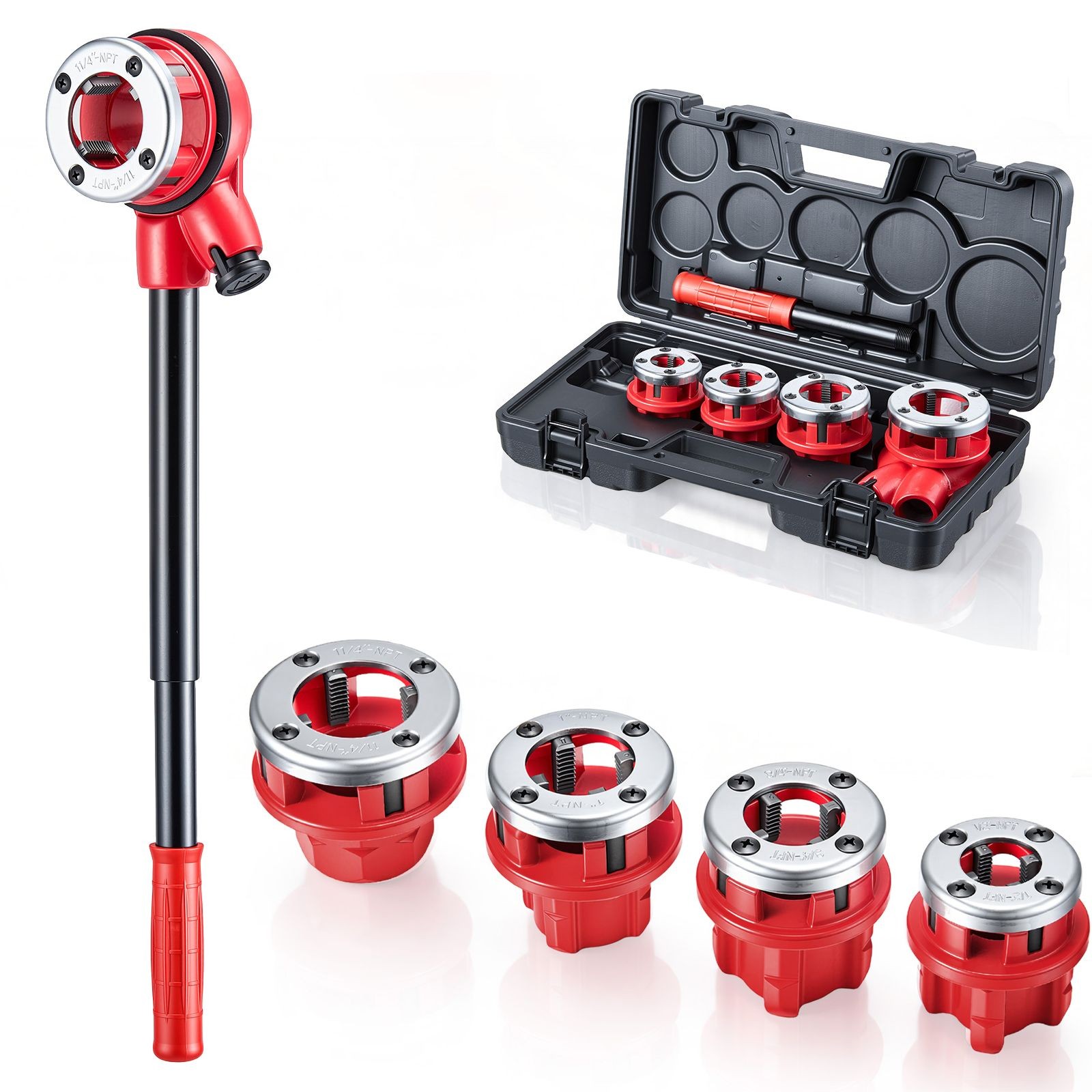 Ratchet Pipe Threader Kit with 4 Dies, 1/2″ NPT, 3/4″ NPT, 1″ NPT