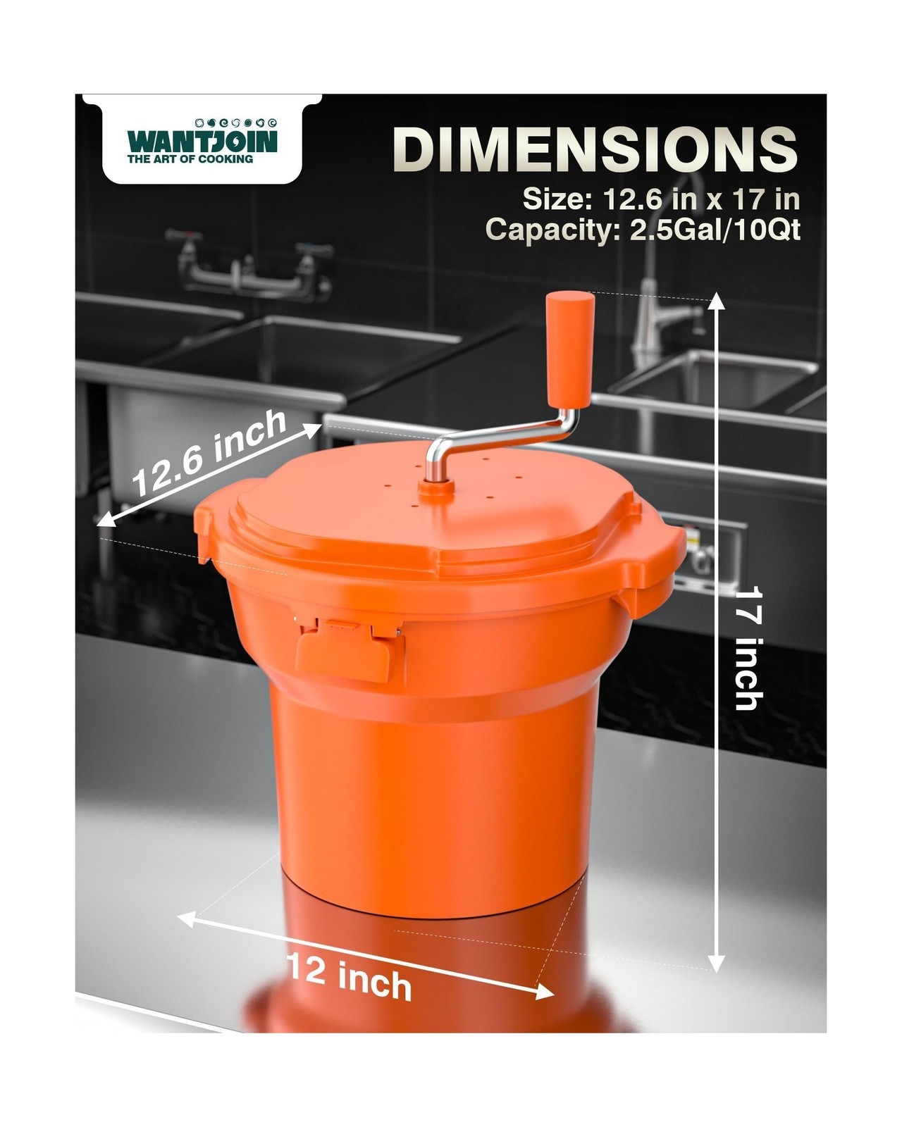 Salad Spinner, 2.5Gal Dryer w/ Alum Handle & Drain, 10Qt, for 3 Heads