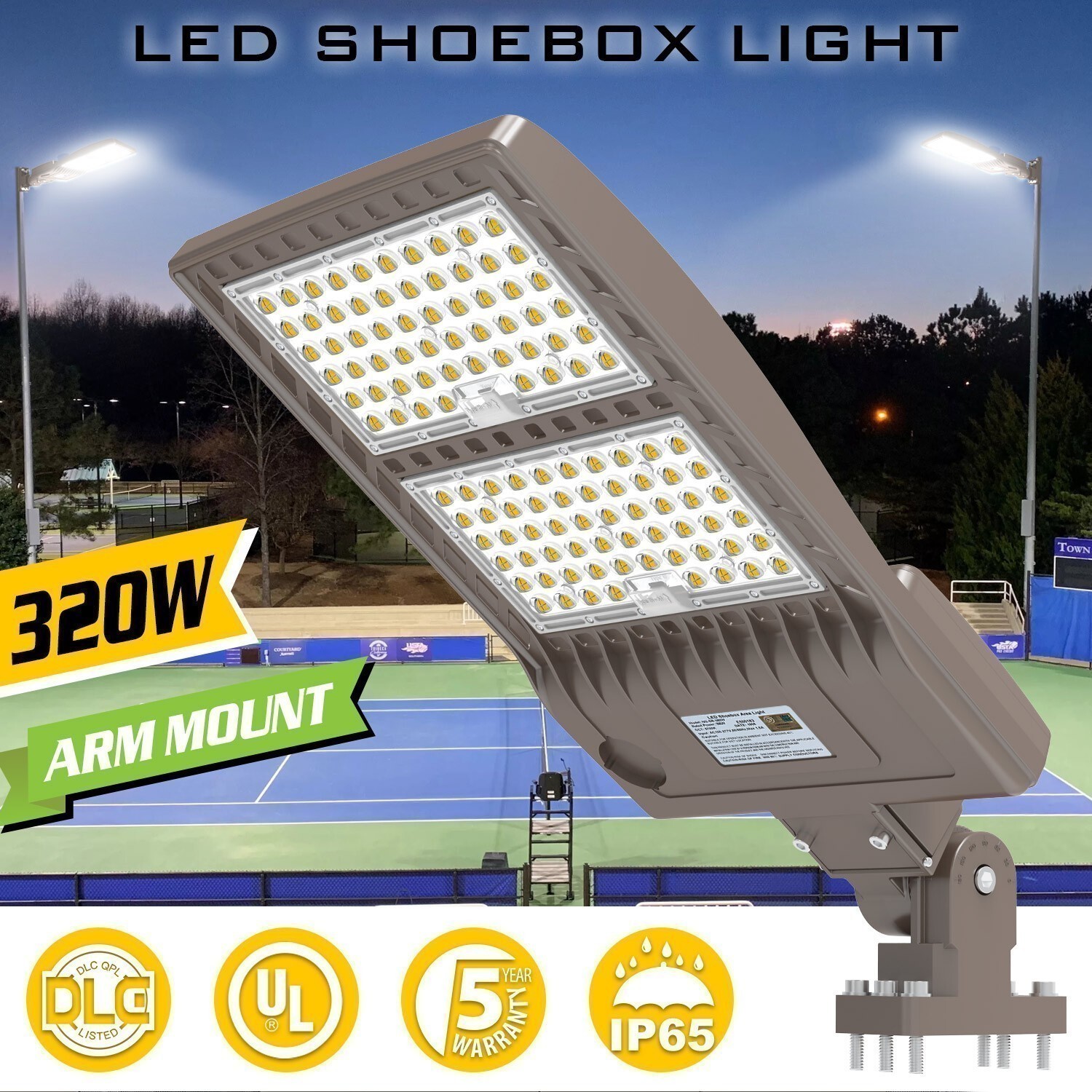 Outdoor 320W LED Shoebox Pole Light Streets Parking Lot Lamp 48000LM + Arm Mount