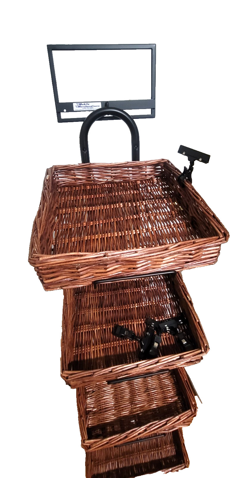 4 Tier Square Basket floor display for food w sign clips Mobile Merchandisers