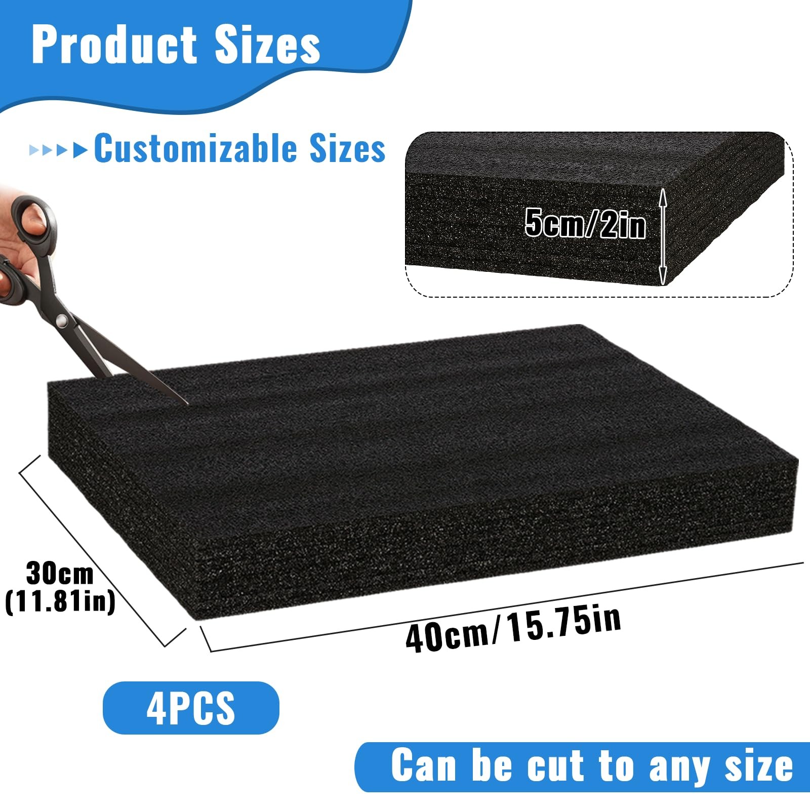 4 PCS 16x12x2 Inch Polyurethane Foam Inserts Black Craft Packing Case Sheets