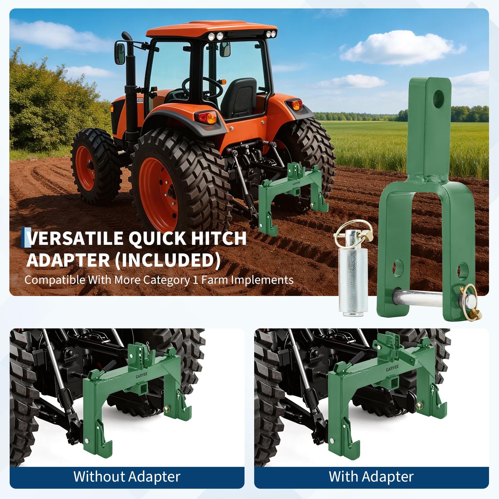 3Point Quick Hitch w/Versatile Adapter 2″ Receiver for Category 1 Tractor 3000lb