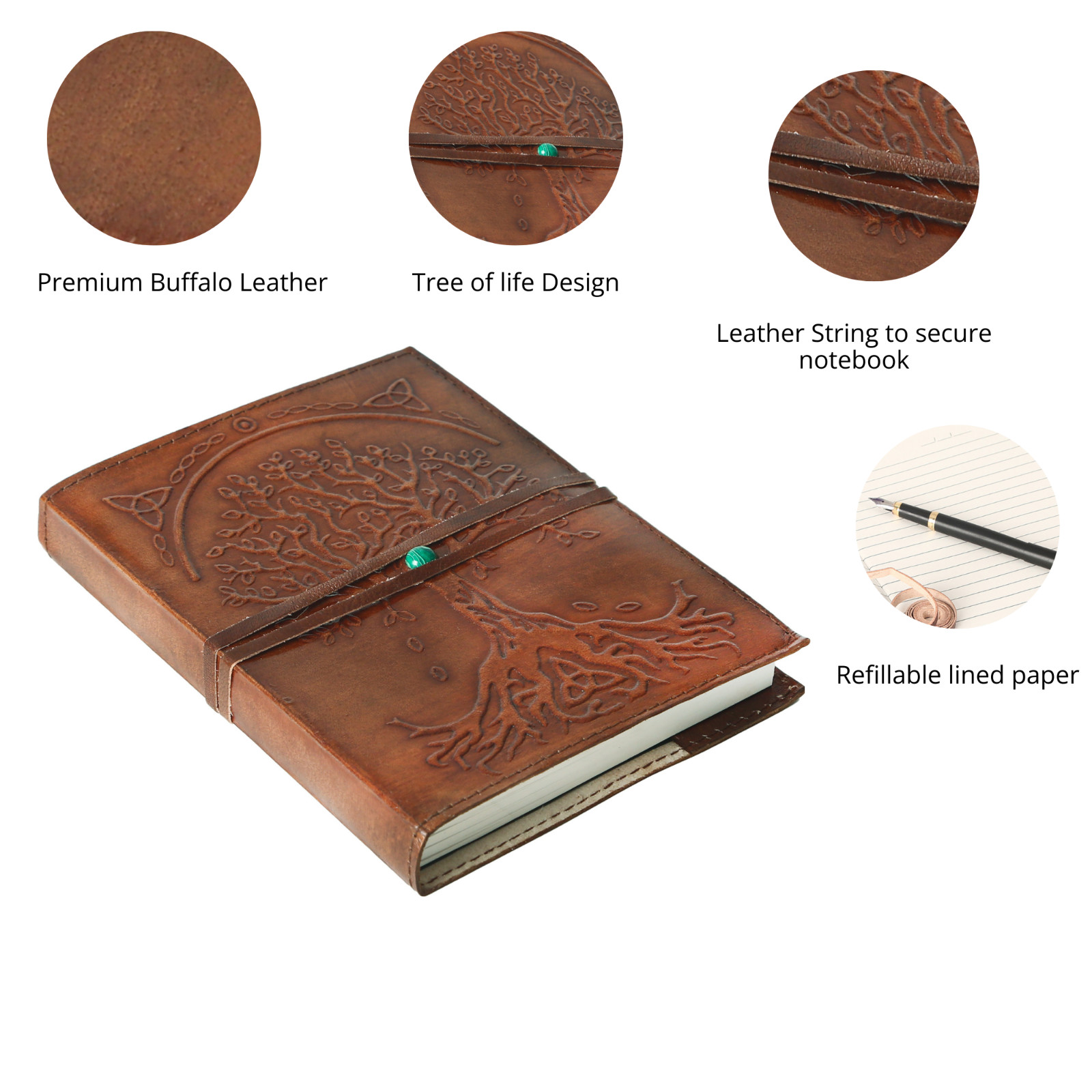 Leather Journal Refillable Lined Paper Tree of Life Handmade writing Notebook