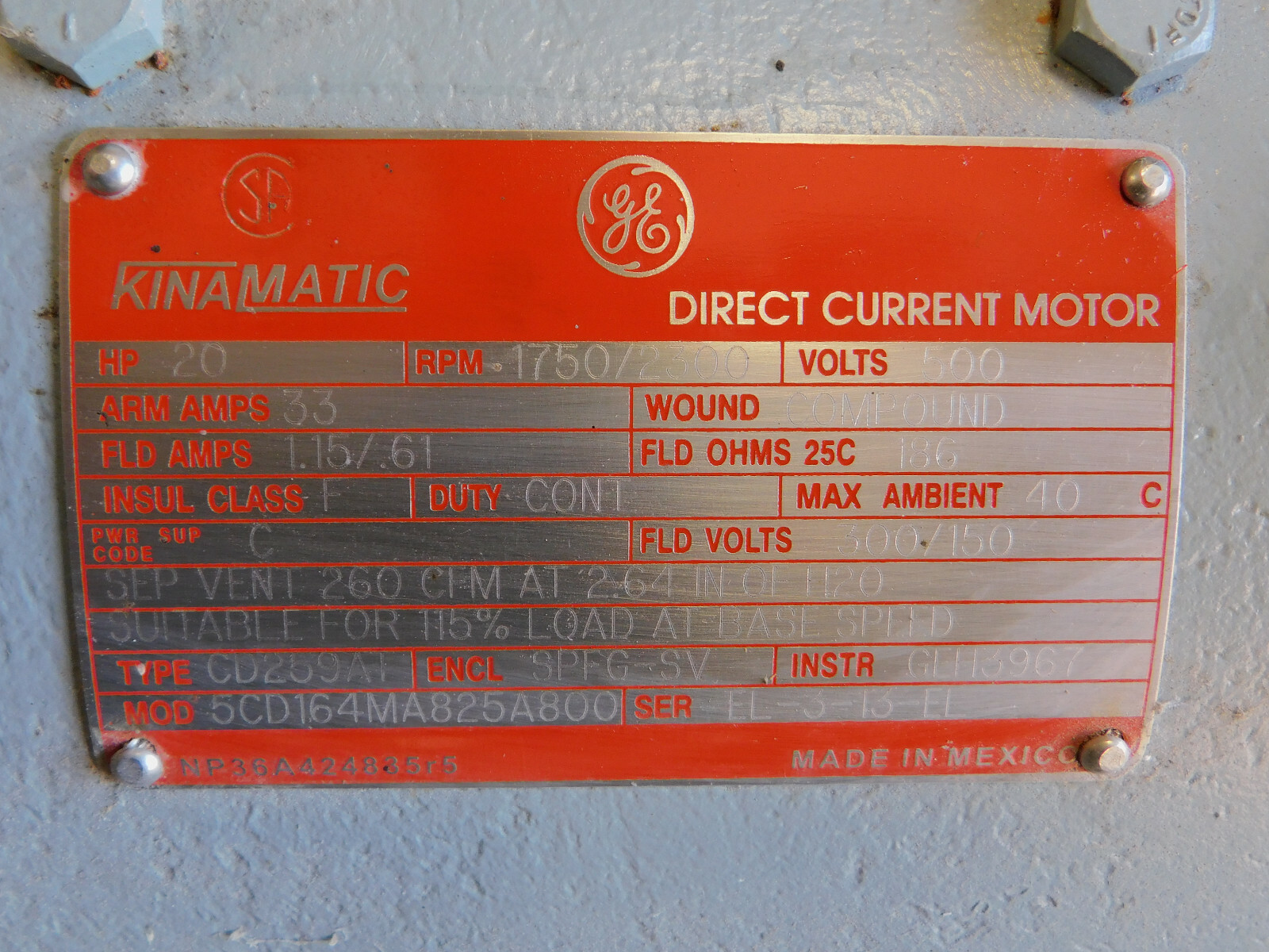 NEW GE Kinamatic DC Electric Motor 20 HP, 1750/2300 RPM, 500 V, 5CD164MA825A800
