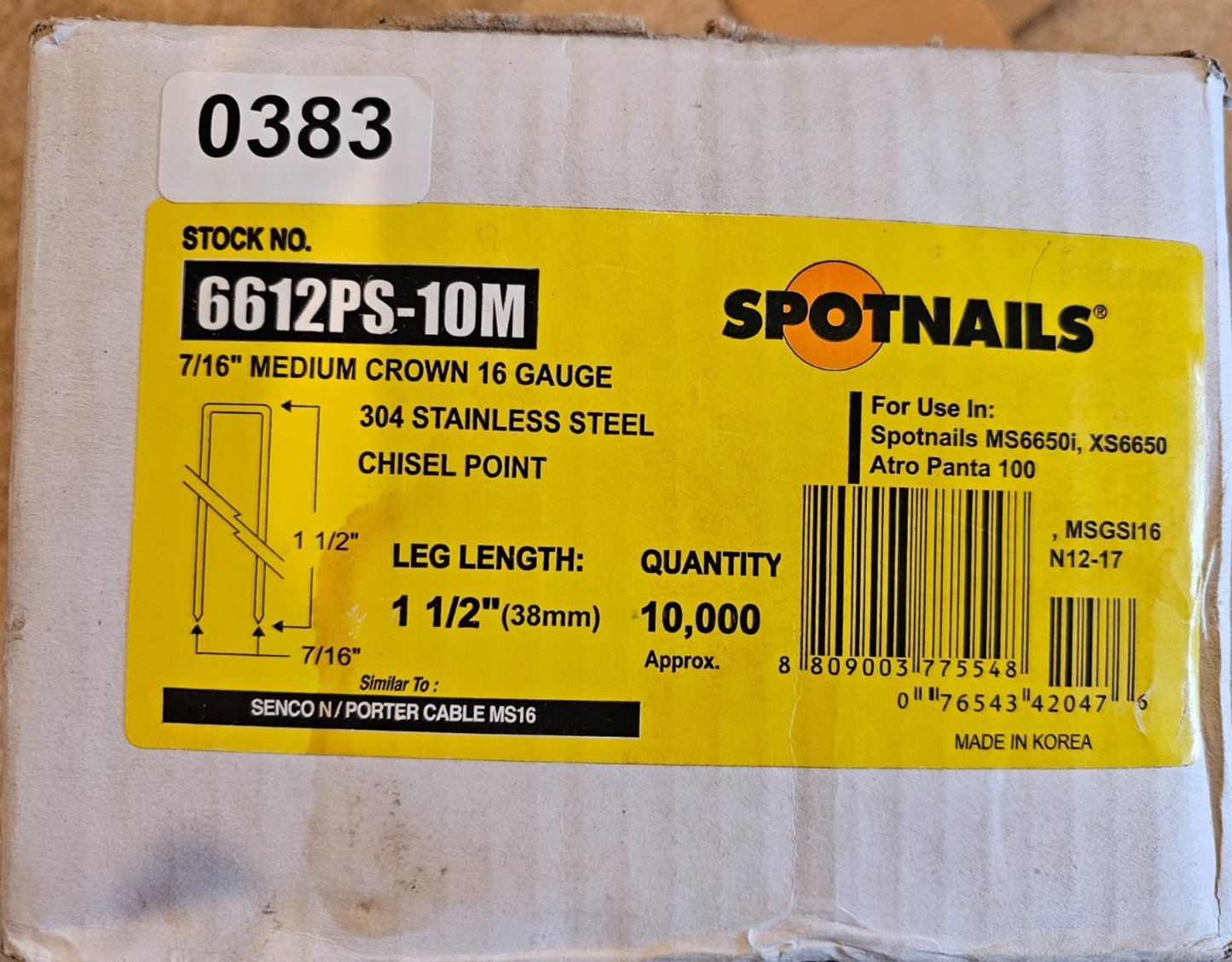 10,000 Spotnails 6612PS-10M 1-1/2″ Leg 16 Gauge 7/16″ Crown Chisel Point Staples