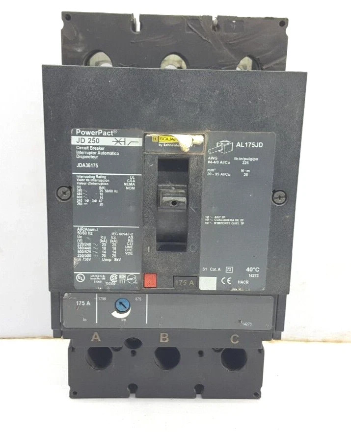 SQUARE D 3 POLE 175 AMPS JDA36175 CIRCUIT BREAEKR JDA