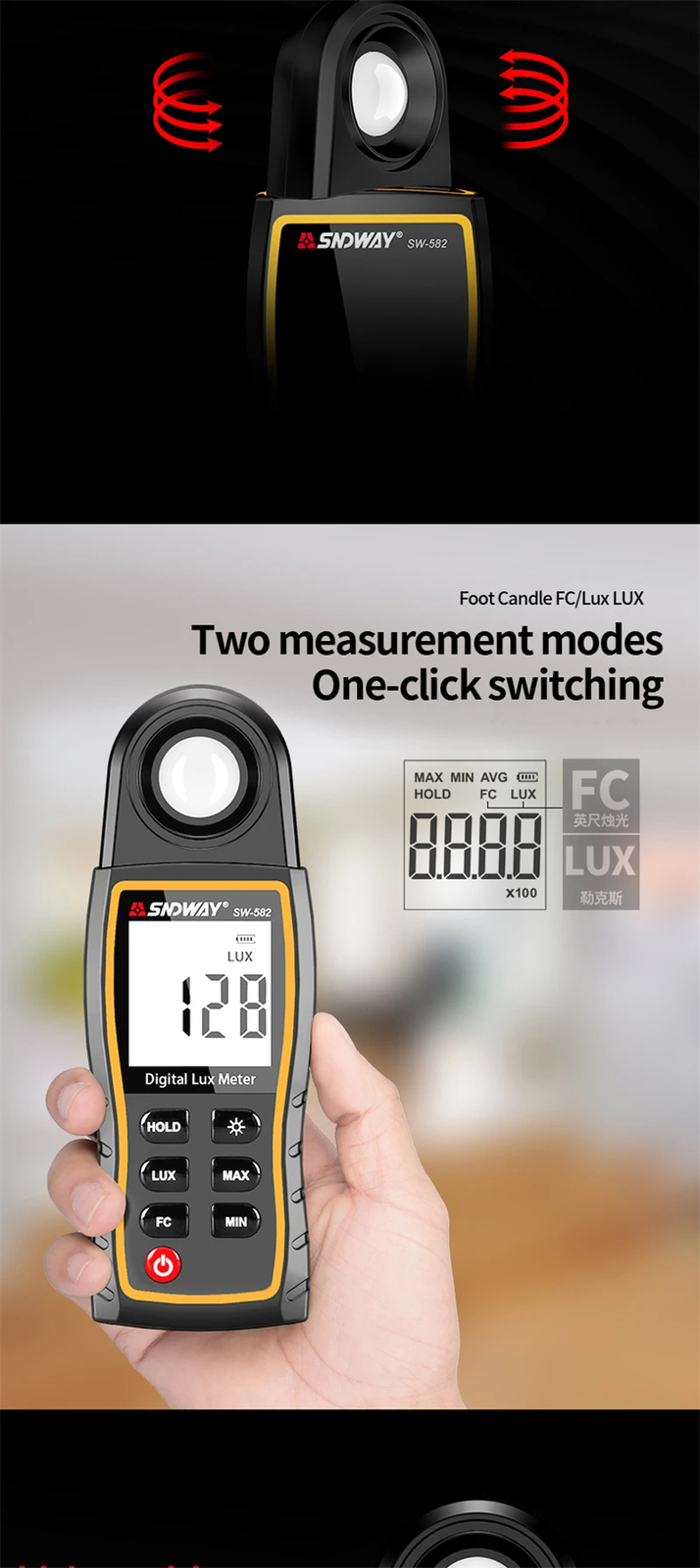 Light Lux Meter LCD photometer Illuminometer Luminometer 200,000Lux Temp light