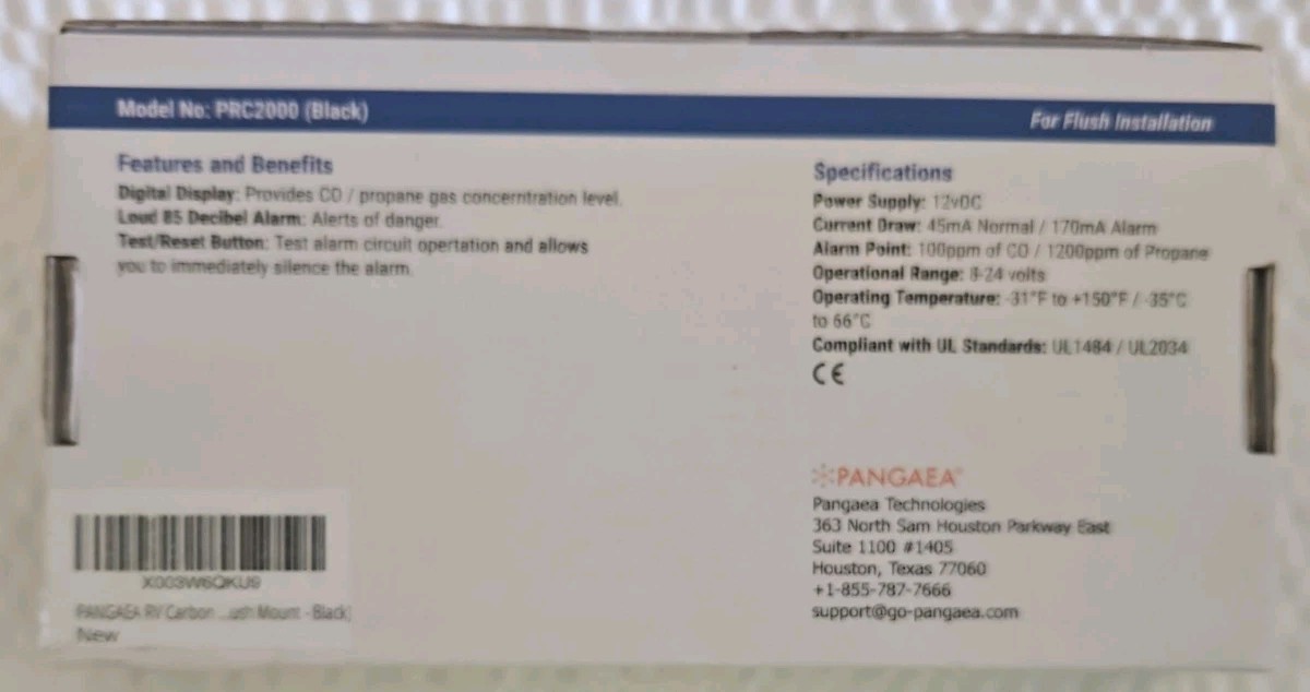 Pangaea PRC2000 Digital RV Carbon Monoxide Propane Gas Alarm 12V Flush Mount…