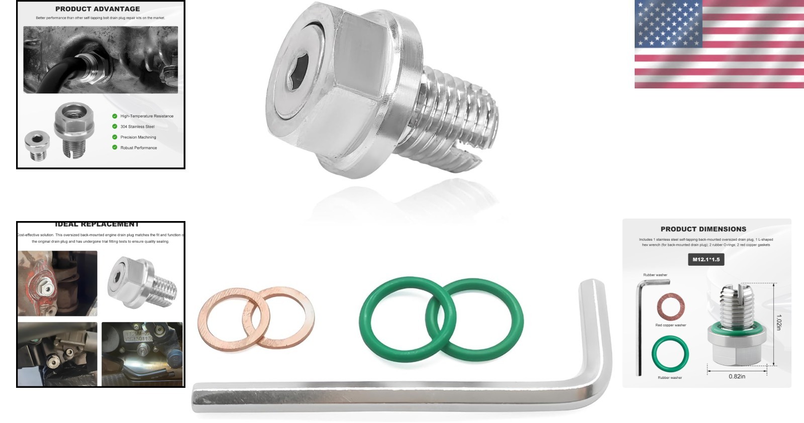 M12.1-1.5 x 15mm Oversize Piggyback Oil Drain Plug, Stainless Steel Self Tapping