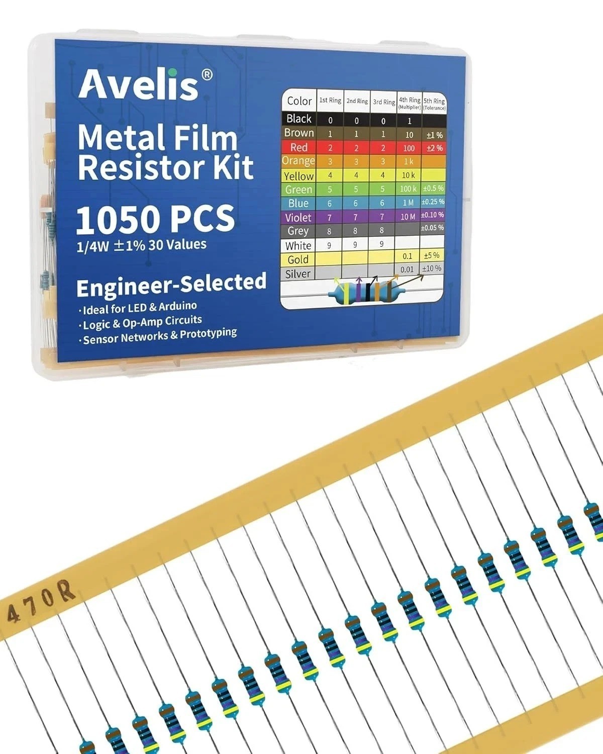 1050 Pcs 30 Values Resistor Kit 1/4 W +-1% Metal Film Fixed Resistors Assortment