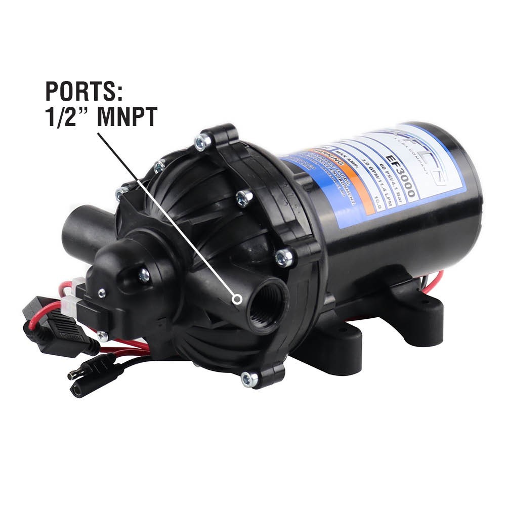 Everflo EF3000 12V Diaphragm Sprayer Pump – 3.0GPM, 60 PSI Max, 1/2″ FNPT Ports