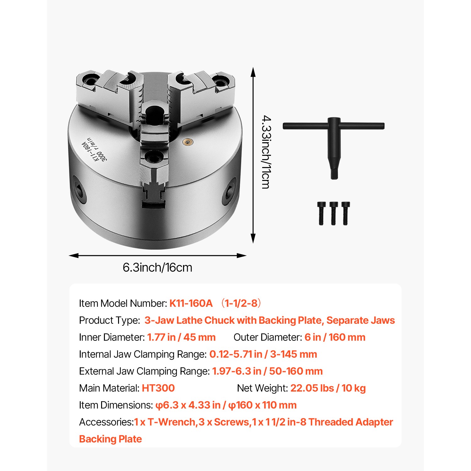 6 Inch 3-Jaw Self-Centering Lathe Chuck with 1 1/2 in-8 Threaded Backing Plate