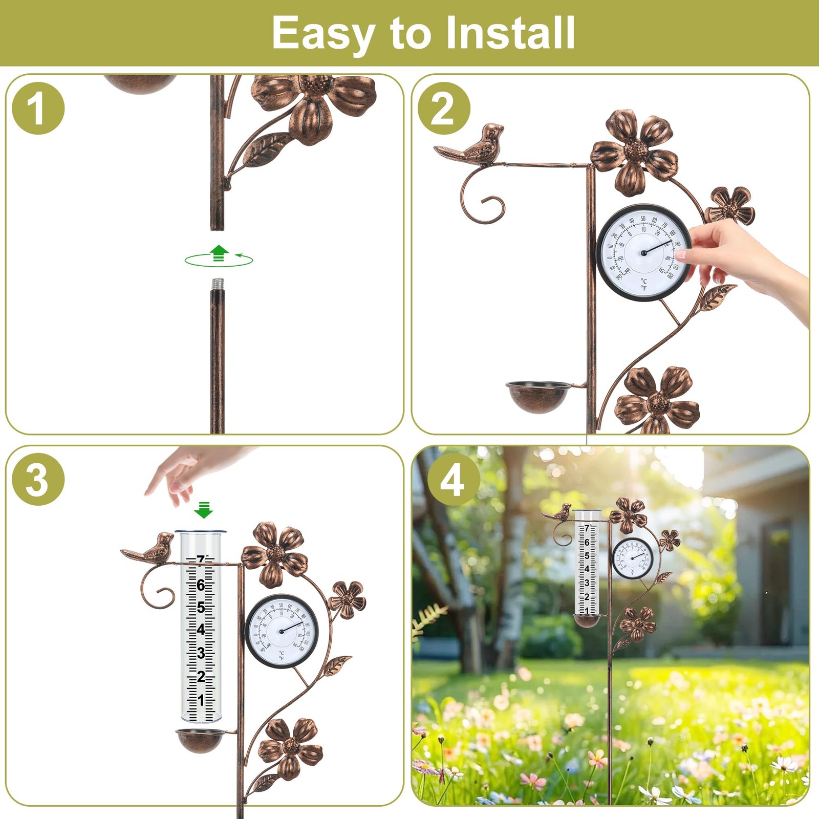 Rain Gauge Outdoor with Thermometer Garden Decor, Bird Decorative Outdoor Rai…