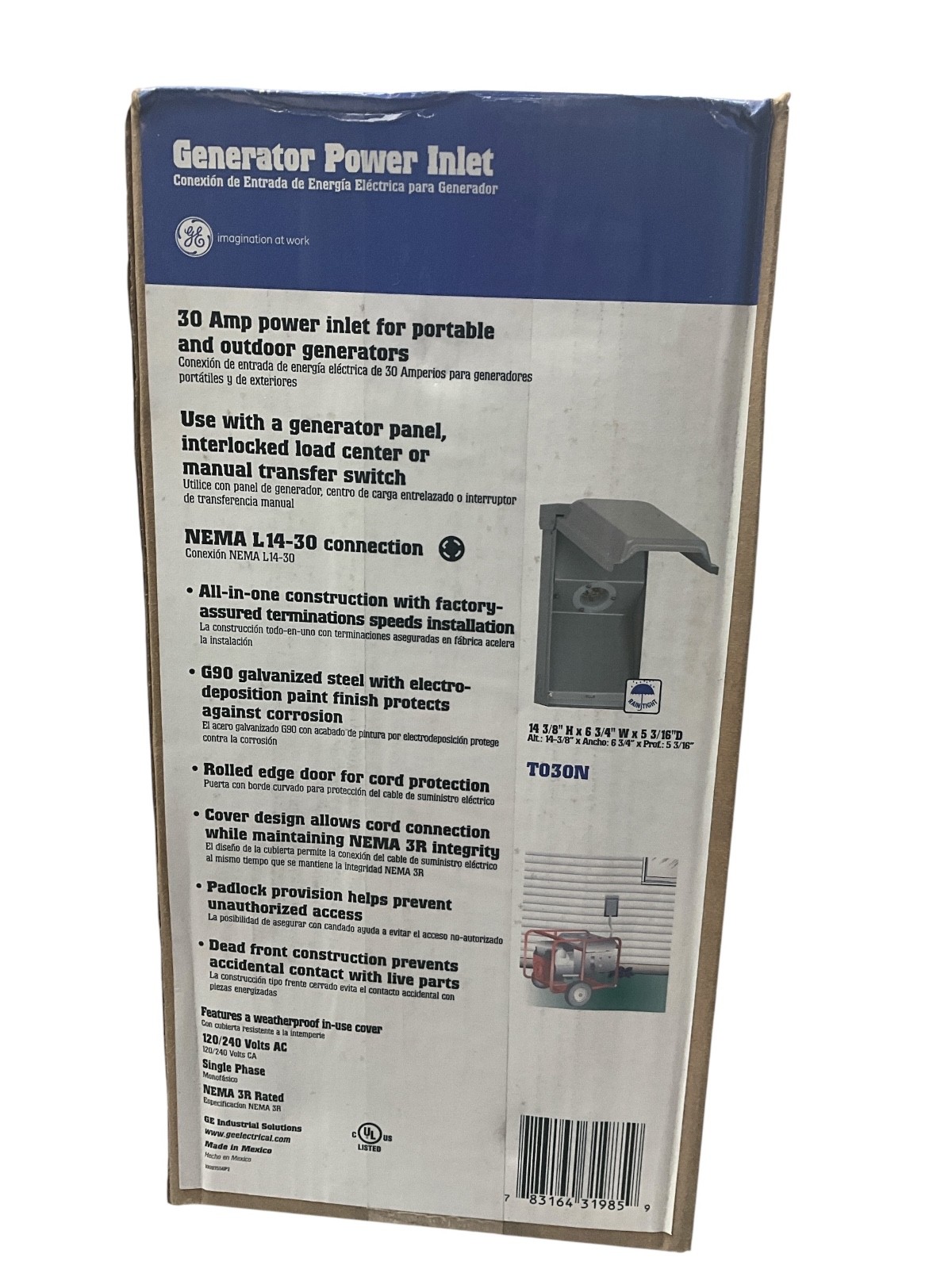 GE T030N Outdoor Wall Mount Electric Box 30A Temporary Power Inlet Plug Generato