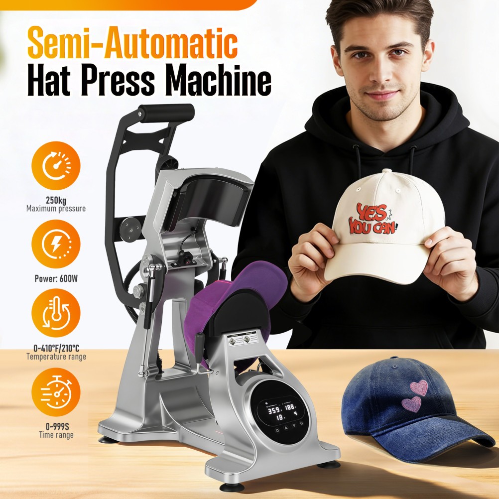 Dual Heater Hat Heat Press Semi-Auto Open Printing Cap Machine w/Laser Alignment