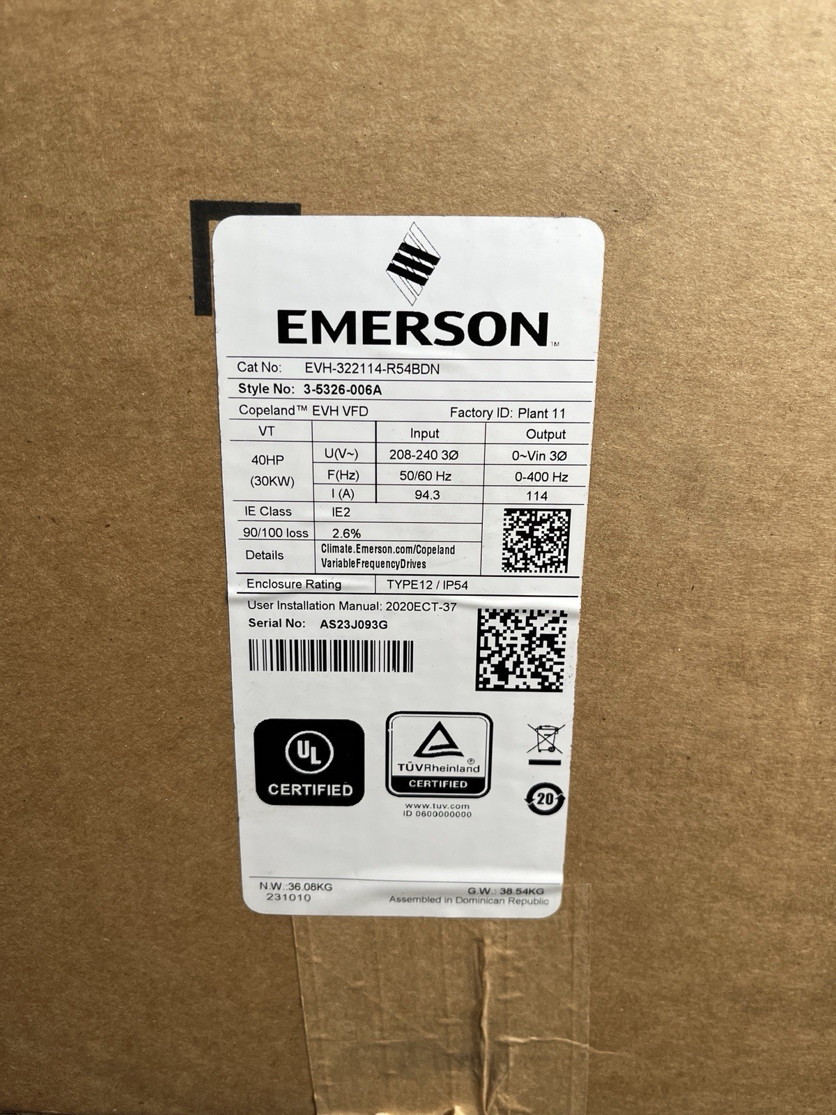Copeland Emerson 40HP Variable Frequency Drive VFD EVH-322114-R54BDN 30kW – NEW