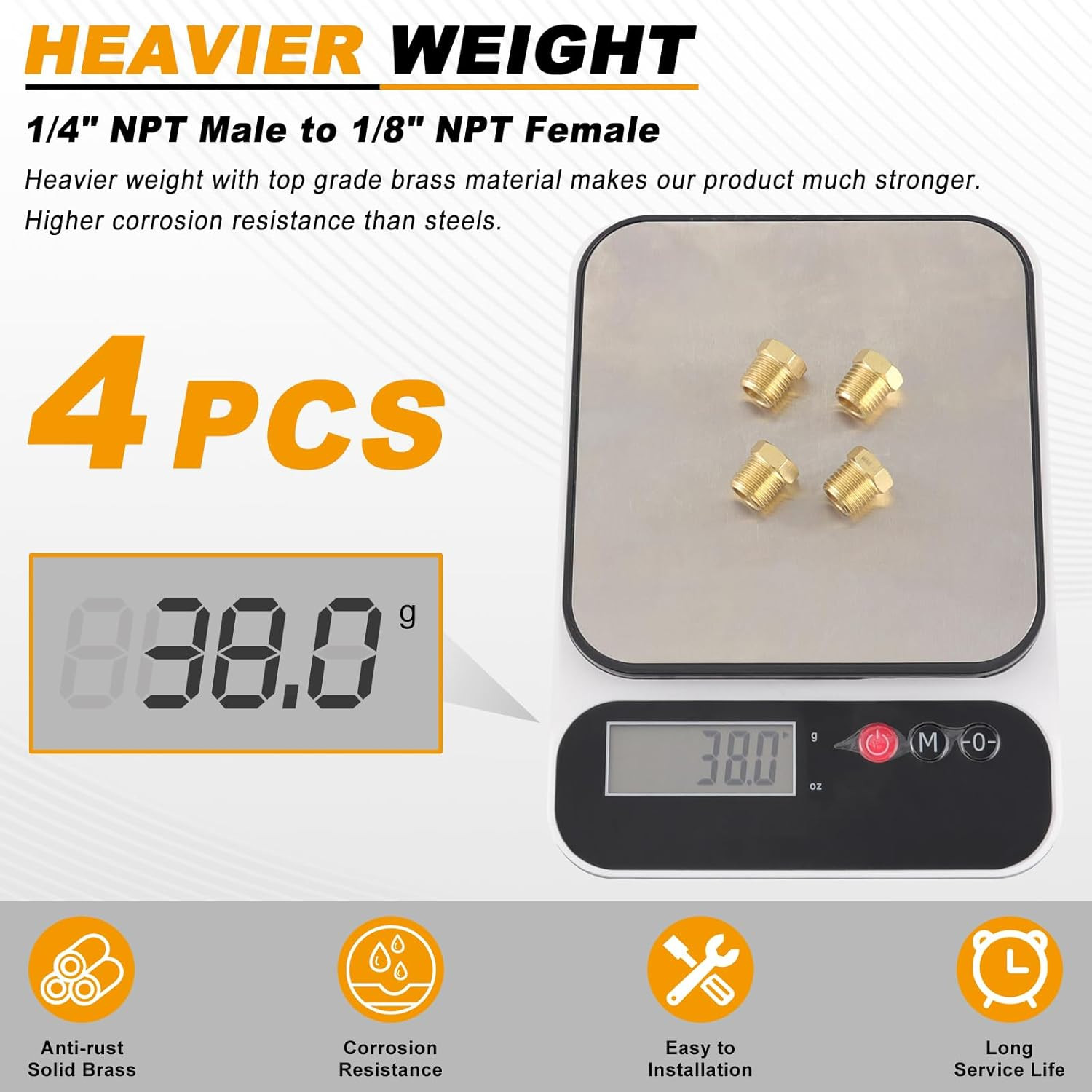 4Pcs Heavy Duty 1/4 NPT Male Thread to 1/8 NPT Female Thread Brass Reducer Hex B