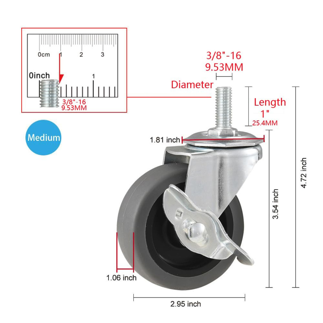 3 Inch Caster Wheels Threaded Stem Casters Set of 4 Heavy Duty Swivel Wheel