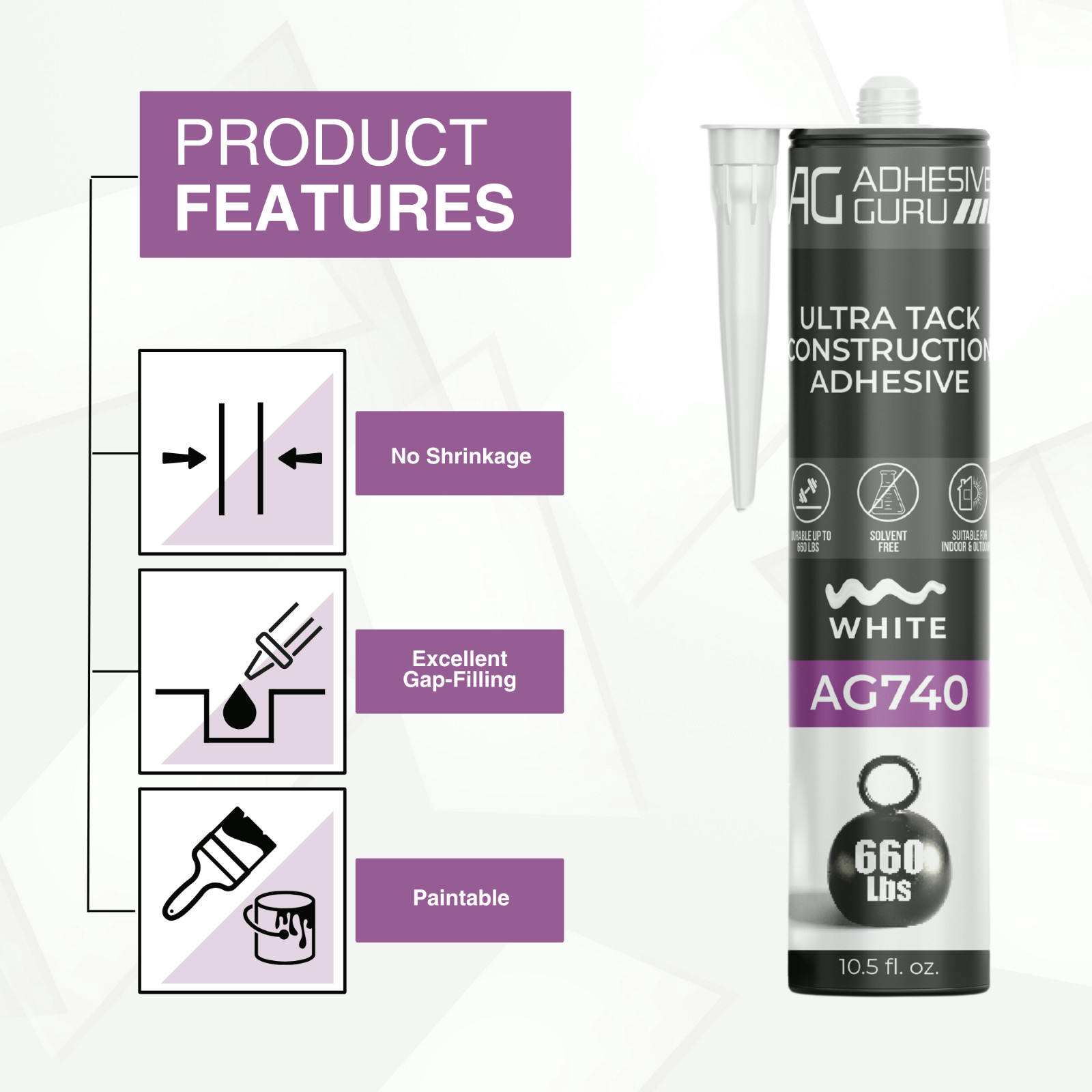 Adhesive Guru AG740 Ultra Tack Hybrid Construction Adhesive (12×10.5 fl oz),