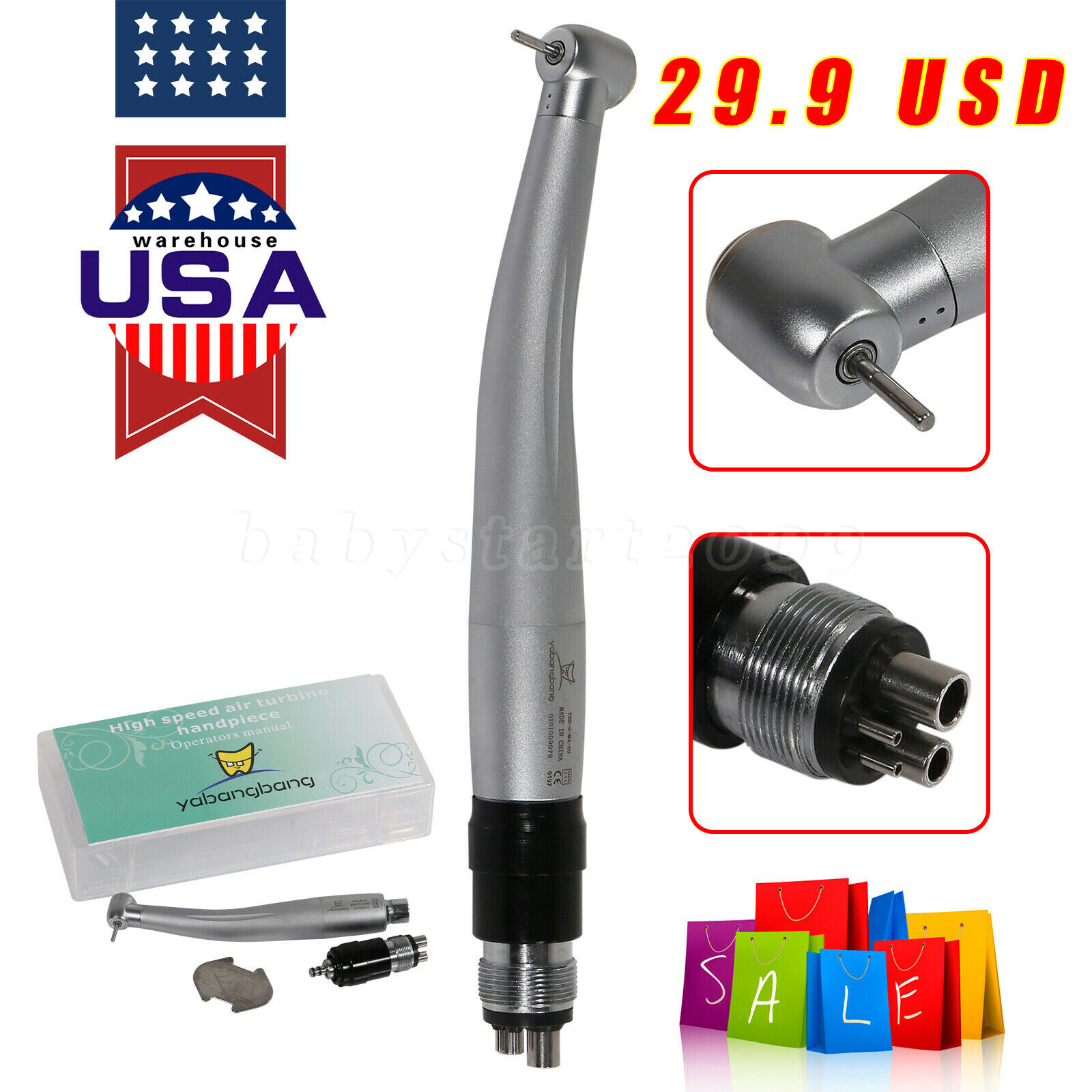 NSK Style Dental High Speed Turbine Handpiece Push Button w/ 4Hole Coupler YBNKM