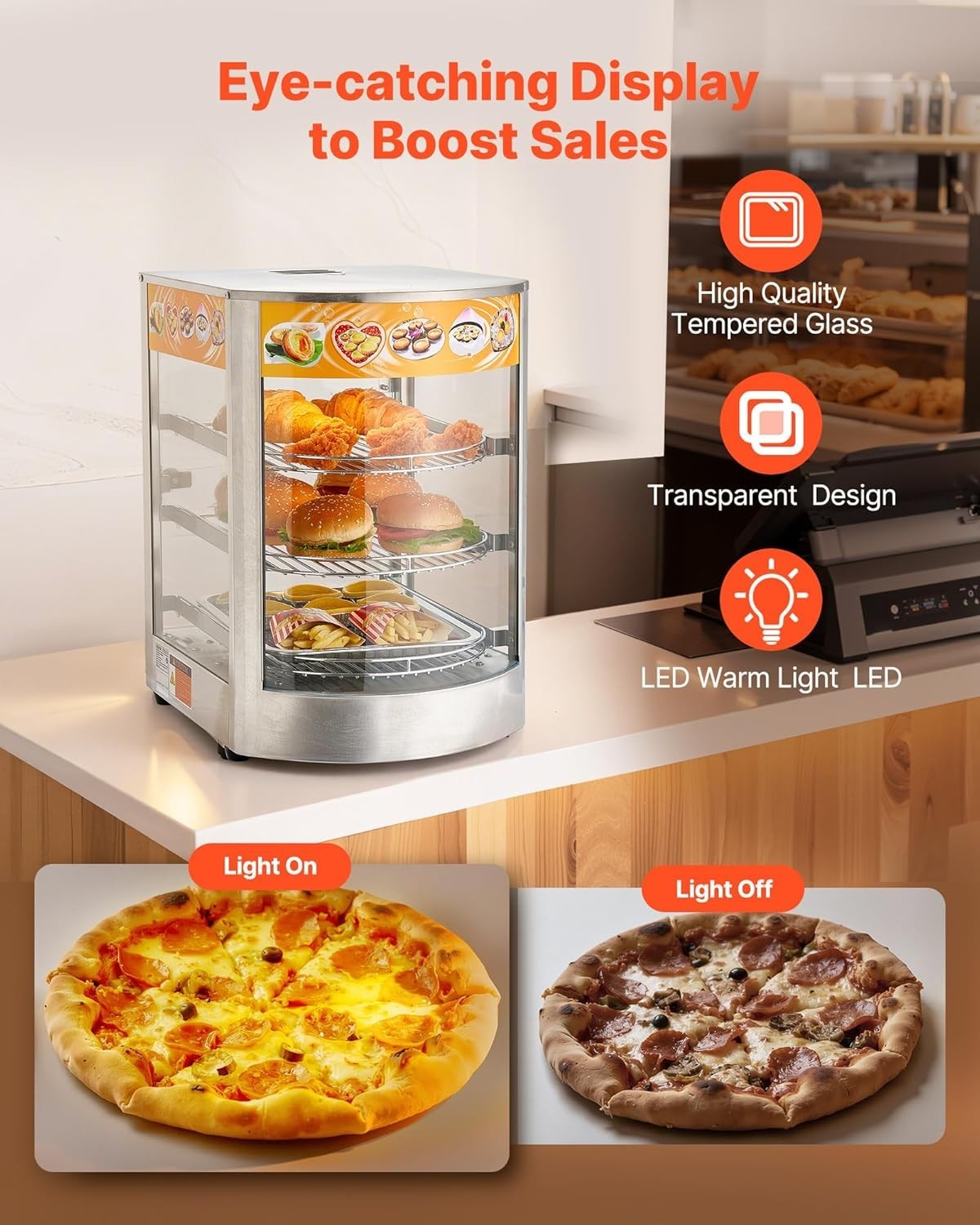 3-Tier Commercial Food Warmer Display, 800W Food Display Warmer with LED Ligh…